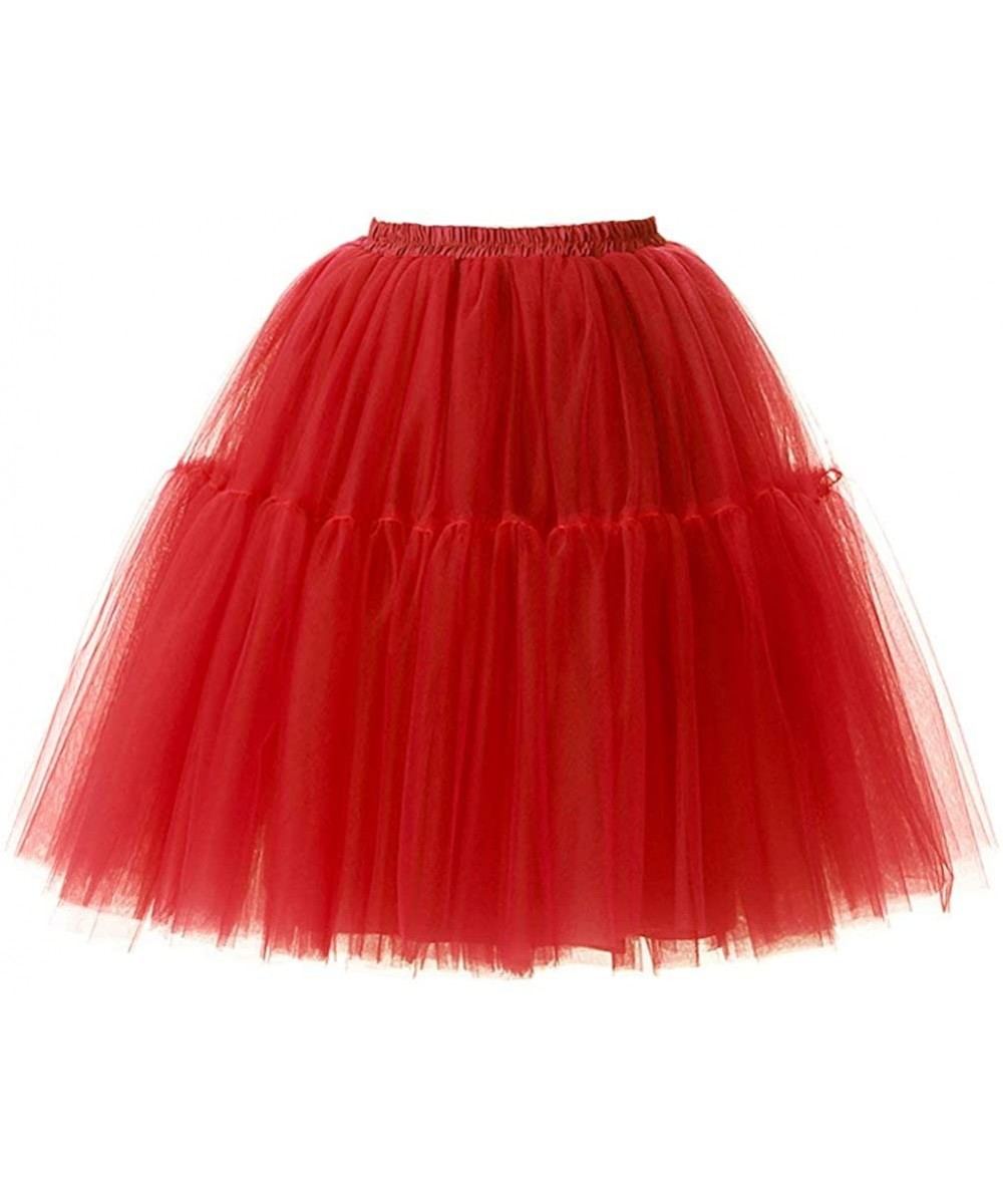 Slips Women's Princess Tutu Underskirt Petticoat 5 Layer Tulle Midi Skirt - Red - CO17YRXDNU3