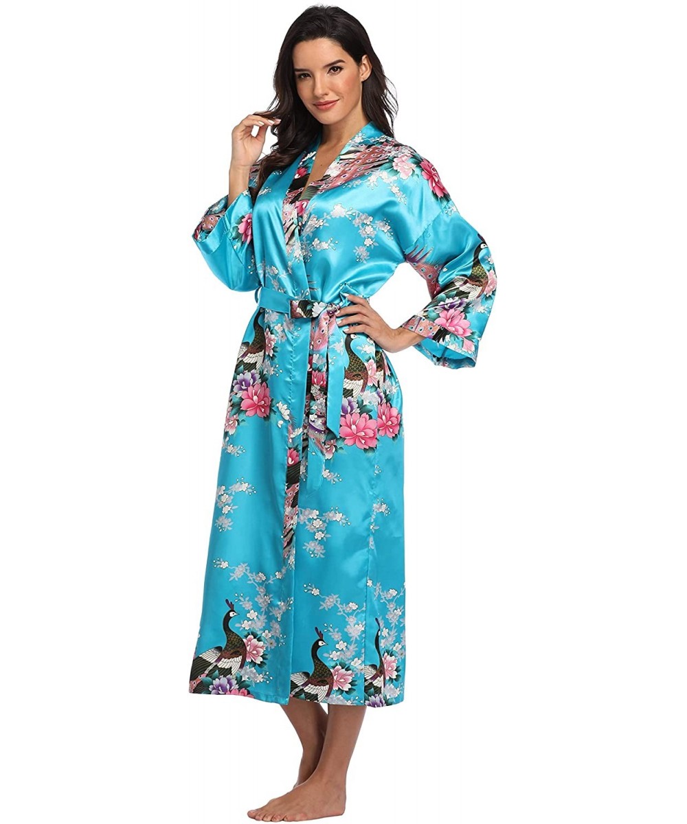 Robes Women's Long Floral Robe Bride Bridemaids Dressing Gown Silky - Blue - CT192DO3NDK