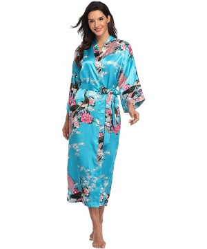 Robes Women's Long Floral Robe Bride Bridemaids Dressing Gown Silky - Blue - CT192DO3NDK