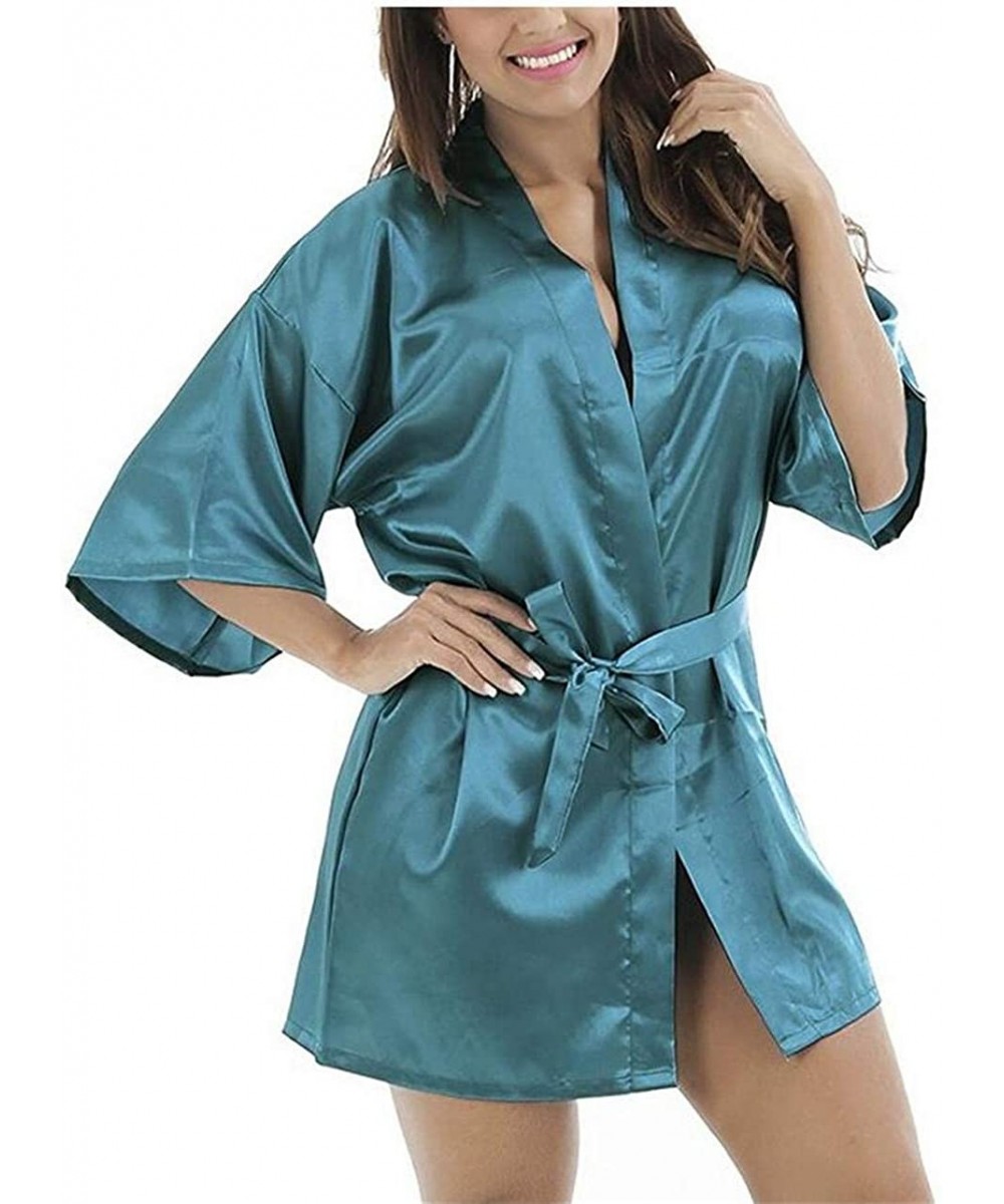 Robes Black Women's Faux Silk Robe Bath Gown Kimono Yukata Bathrobe Solid Color Sleepwear - As the Photo Show7 - C119C8TOLRM