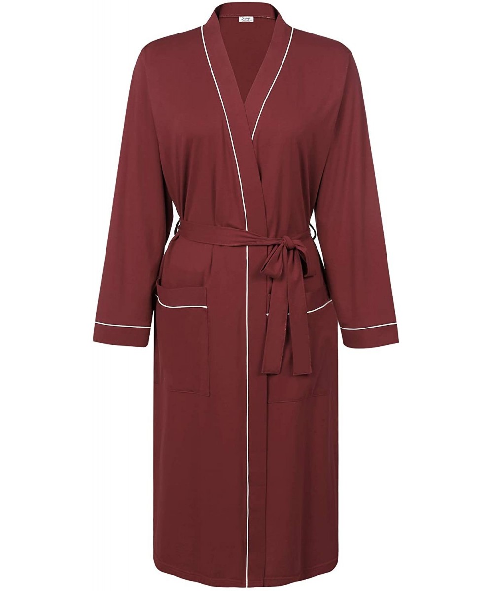 Robes Women's Kimono Robe Long Cotton Bathrobe Lightweight Dressing Gown - Wine Red - CX18YU2S65H