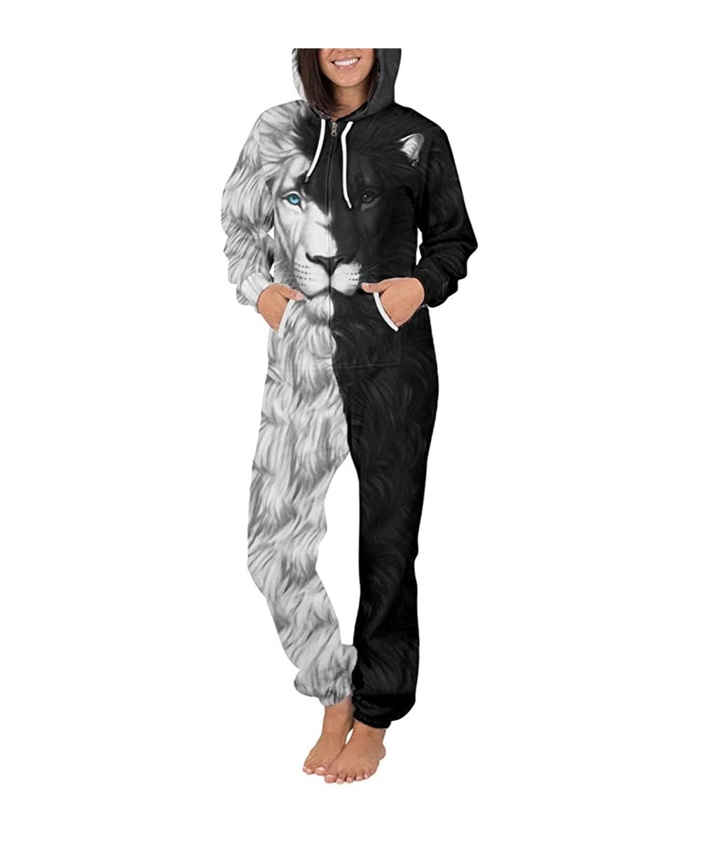 Sleep Sets Unisex 3D Print Jumpsuits Galaxy Animal Hooded One Piece Pajama - Blue Eyes Lion - CW1944XXKRH