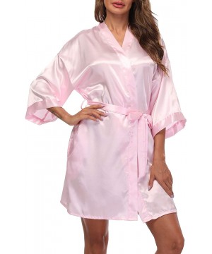 Robes Women's Satin Kimono Robes Short Silky Bathrobe Pure Color Robe for Wedding - Light Pink - CI18NZWXHQX