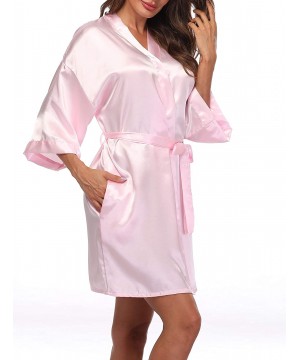 Robes Women's Satin Kimono Robes Short Silky Bathrobe Pure Color Robe for Wedding - Light Pink - CI18NZWXHQX