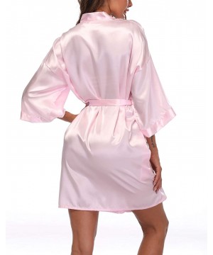 Robes Women's Satin Kimono Robes Short Silky Bathrobe Pure Color Robe for Wedding - Light Pink - CI18NZWXHQX