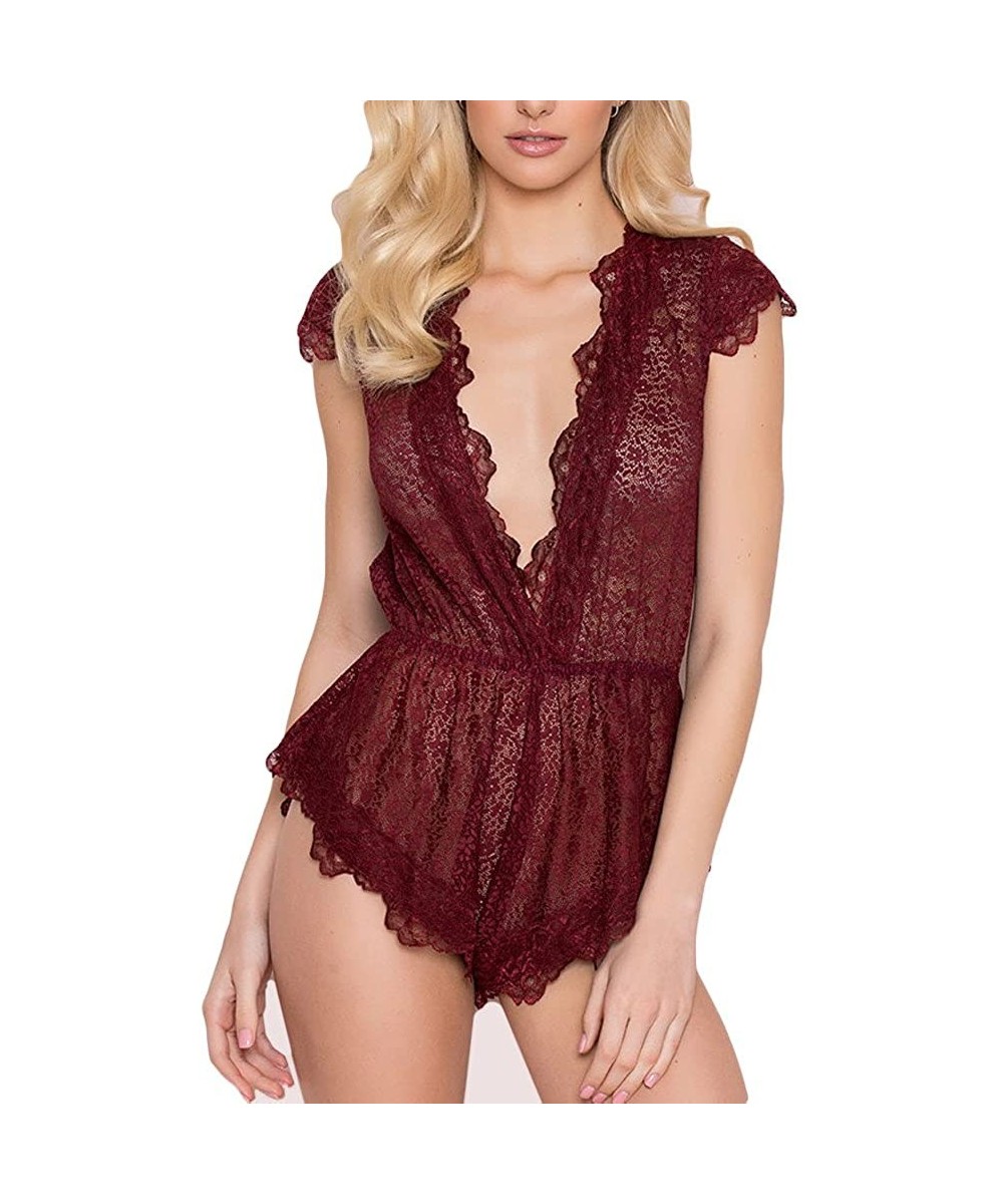 Bras Women Plus Size Lingeries Lounge Romper Lace Dream Eyelashes deep V-Neck Sexy Floral Lingeries - Wine Red - CR18SC0NT52