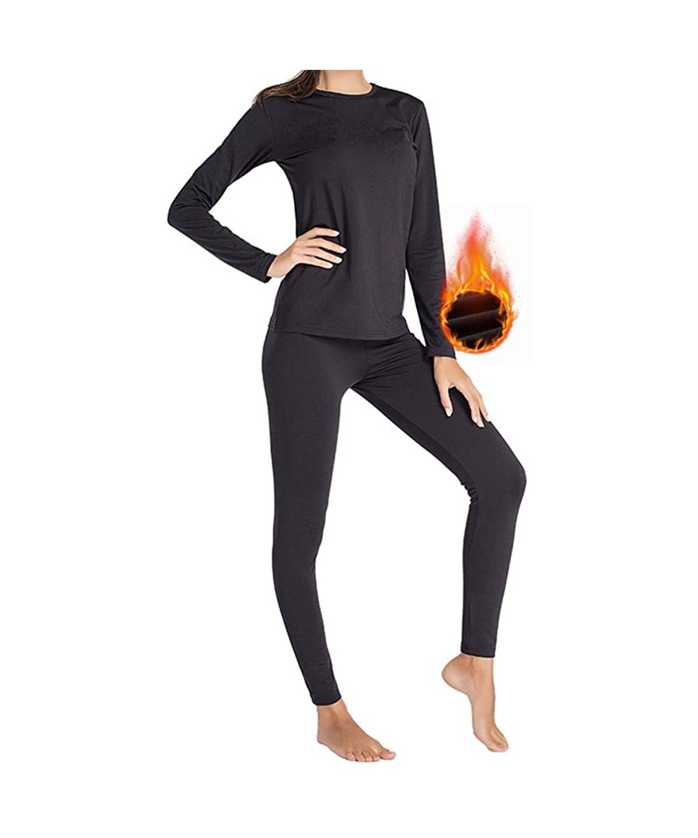 Thermal Underwear Thermal Underwear Women Long Sleeve Johns Set Fleece Top Leggings Warm Pajamas - 11 - Black - C418AI4DG5Q