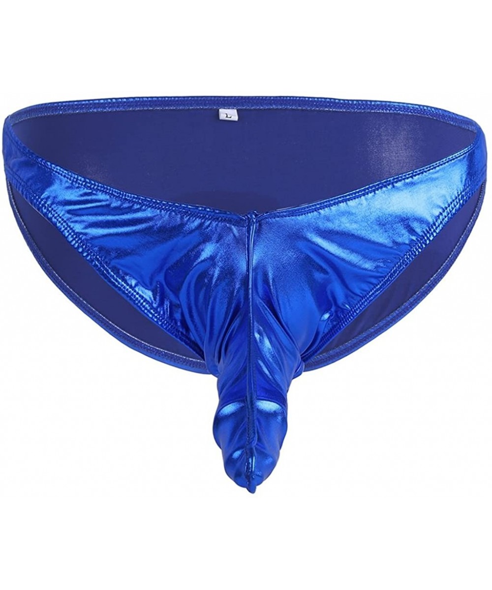 G-Strings & Thongs Men's Ball Hole Thong Wet Look Leather Nuts Out Underwear with Scrotum Hole - Blue - CB18EOE86MD