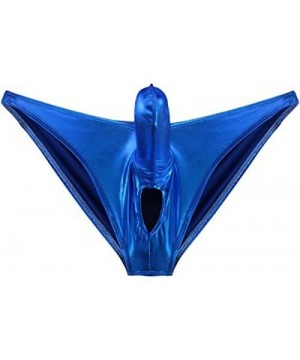 G-Strings & Thongs Men's Ball Hole Thong Wet Look Leather Nuts Out Underwear with Scrotum Hole - Blue - CB18EOE86MD