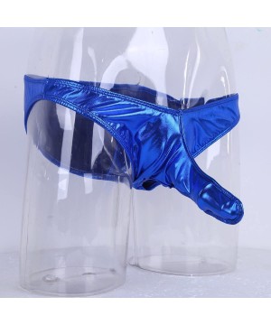 G-Strings & Thongs Men's Ball Hole Thong Wet Look Leather Nuts Out Underwear with Scrotum Hole - Blue - CB18EOE86MD