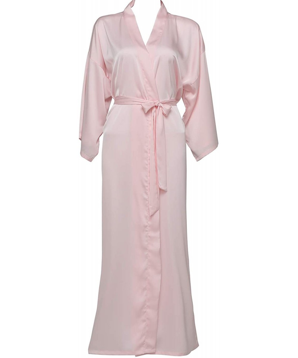 Robes Women's Plain Color Satin Silk Kimono Robes Elegant Style Nightgown-Long - Pink - C6190GN06SE