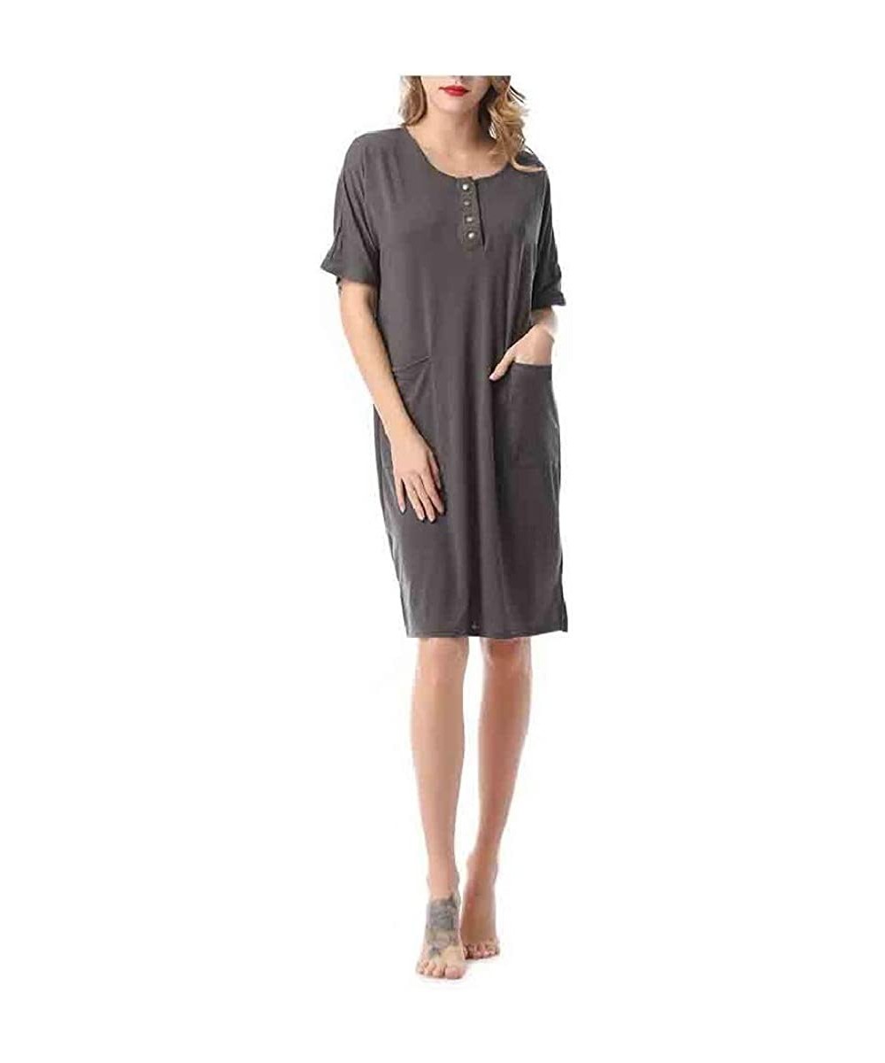 Nightgowns & Sleepshirts Women Casual Loose Short Sleeve Button O-Neck Plain Sleepwear - Grey - C61900QY0M7