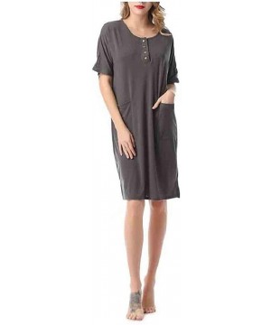 Nightgowns & Sleepshirts Women Casual Loose Short Sleeve Button O-Neck Plain Sleepwear - Grey - C61900QY0M7