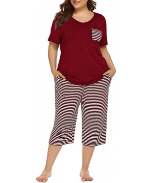 Sets Plus Size Cotton Pajamas Capris Pants Set Striped for Women Sleep Shirts Loungewear Sleepwear 3X 4X 5X Wine Red 1 - C319...