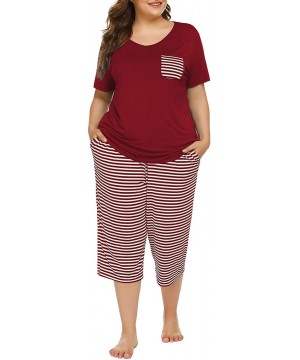 Sets Plus Size Cotton Pajamas Capris Pants Set Striped for Women Sleep Shirts Loungewear Sleepwear 3X 4X 5X Wine Red 1 - C319...