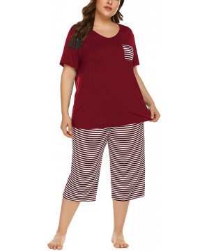 Sets Plus Size Cotton Pajamas Capris Pants Set Striped for Women Sleep Shirts Loungewear Sleepwear 3X 4X 5X Wine Red 1 - C319...