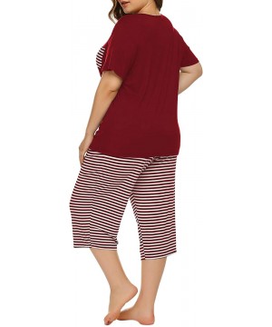 Sets Plus Size Cotton Pajamas Capris Pants Set Striped for Women Sleep Shirts Loungewear Sleepwear 3X 4X 5X Wine Red 1 - C319...