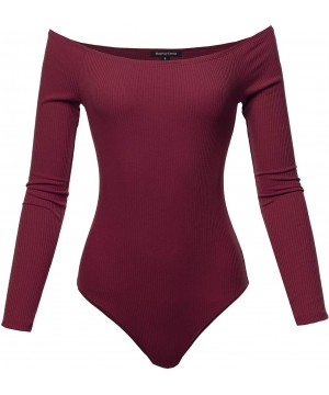 Shapewear Women's Classic Rib Long Sleeve Scoop Neck Bodysuit - Fewbso0006 Burgundy - CT18Y4RCUKS