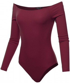 Shapewear Women's Classic Rib Long Sleeve Scoop Neck Bodysuit - Fewbso0006 Burgundy - CT18Y4RCUKS