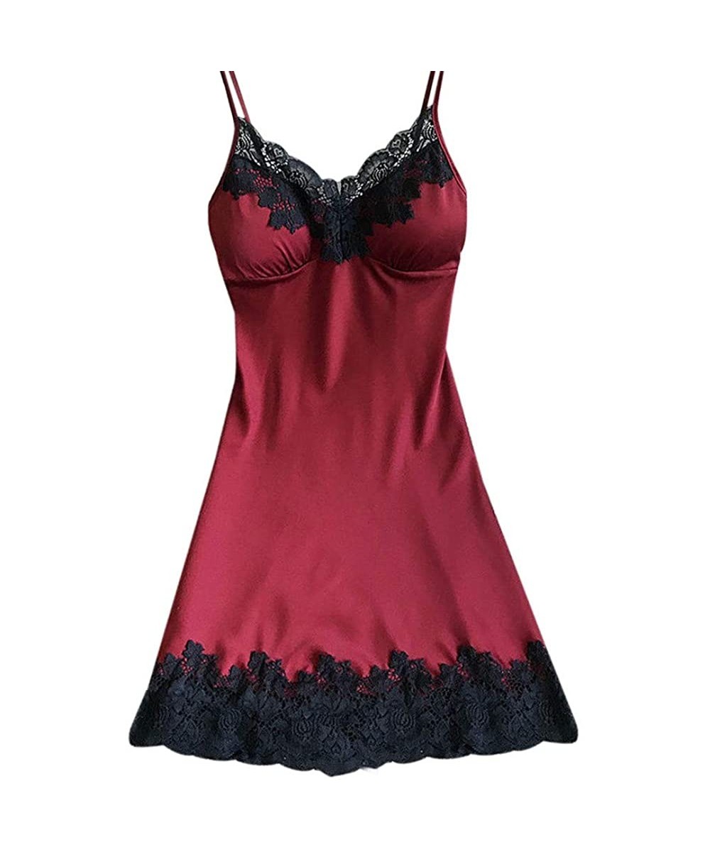 Baby Dolls & Chemises Sexy Lingerie for Women V-Neck Lace Nightwear Satin Pajamas Temptation Chemise Underwear Teddy Sleepwea...