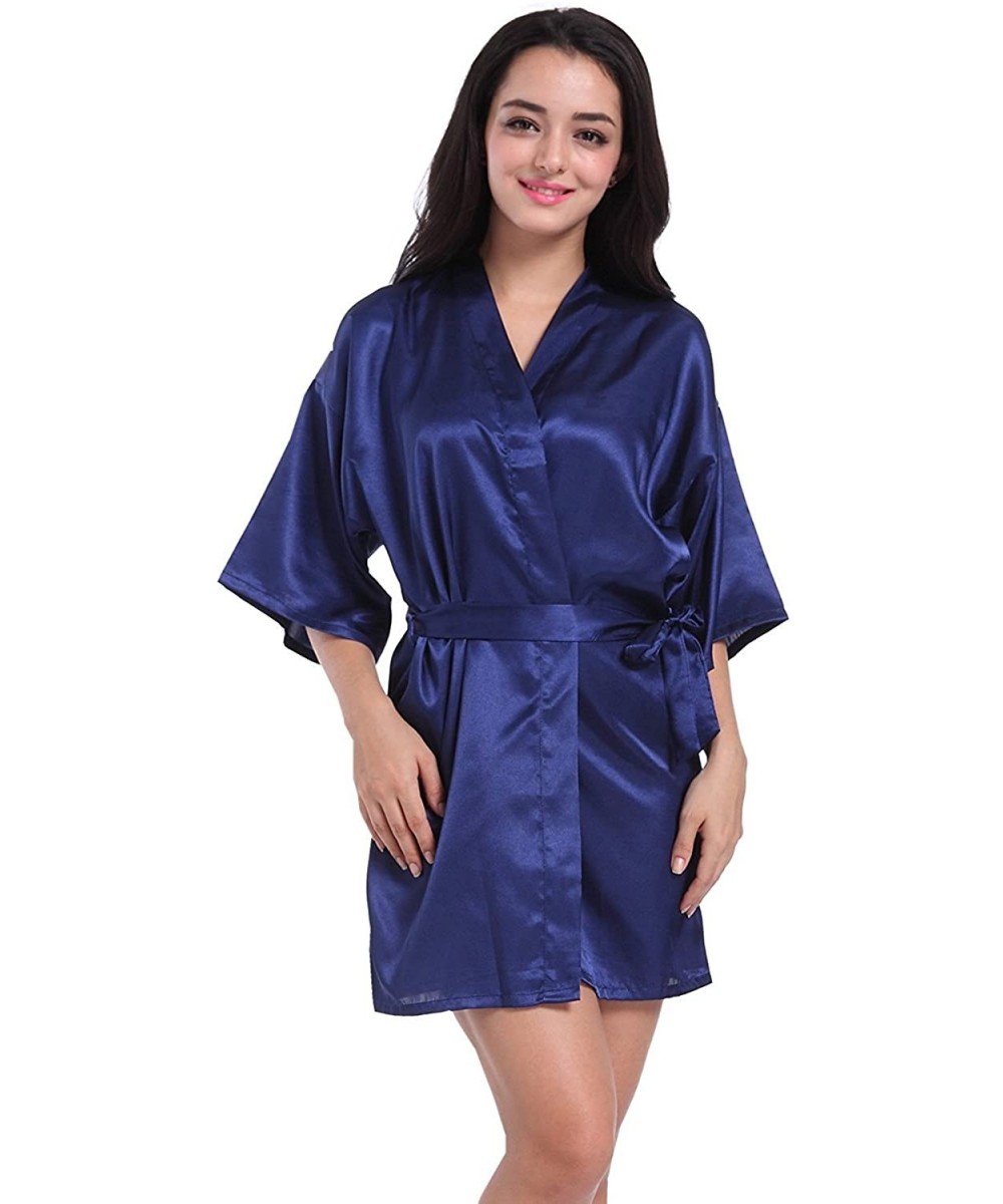 Robes Women's Satin Robe Short Kimono Robes Satin Bridesmaids Robes Lingerie Sleepwear for Wedding Party - Dark Blue - CL187Q...