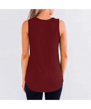 Bras Womens Solid Button Shirt Casual Sleeveless V-Neck Slim Fit Tank Tops Tunics Vest - Wine Red - CD1945CT6UE