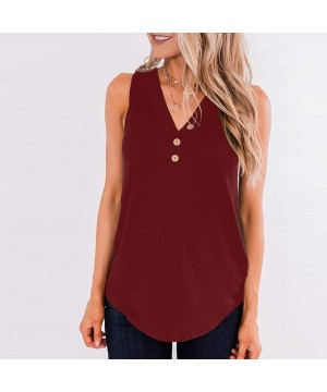 Bras Womens Solid Button Shirt Casual Sleeveless V-Neck Slim Fit Tank Tops Tunics Vest - Wine Red - CD1945CT6UE