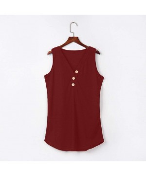 Bras Womens Solid Button Shirt Casual Sleeveless V-Neck Slim Fit Tank Tops Tunics Vest - Wine Red - CD1945CT6UE