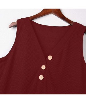 Bras Womens Solid Button Shirt Casual Sleeveless V-Neck Slim Fit Tank Tops Tunics Vest - Wine Red - CD1945CT6UE