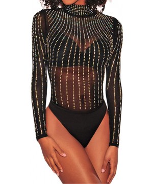 Shapewear Sexy Long Sleeve High Mock Neck Sheer Mesh Shiny Rhinestone Studded Stripe Bodysuit Leotard Teddy Top Black - Black...