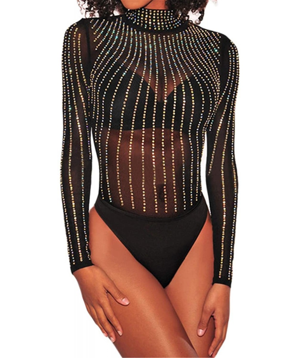 Shapewear Sexy Long Sleeve High Mock Neck Sheer Mesh Shiny Rhinestone Studded Stripe Bodysuit Leotard Teddy Top Black - Black...