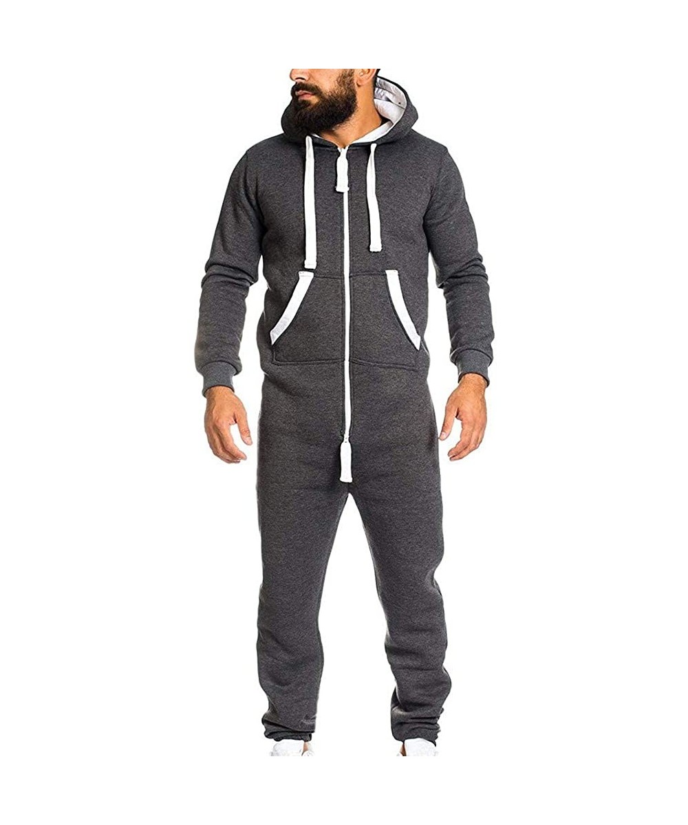 Sleep Sets Men Jumpsuit One-Piece Garment Non Footed Pajama Playsuit Blouse Hoodie - Dark Gray - CL18A99DE6X