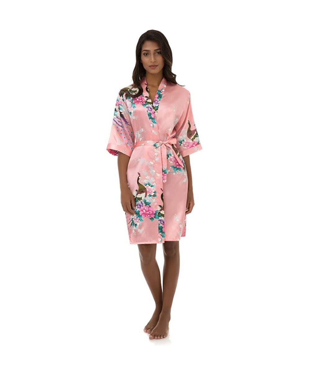 Robes Women's Peacock Print Half Sleeve Silk Kimono Bridesmaid Robe Nightgown - Blush - CK1832CKQA6