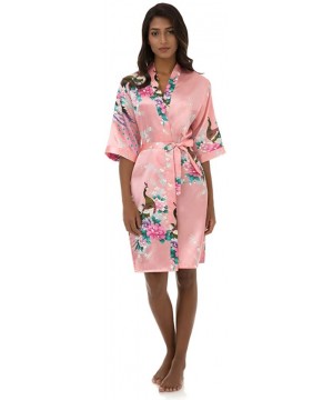 Robes Women's Peacock Print Half Sleeve Silk Kimono Bridesmaid Robe Nightgown - Blush - CK1832CKQA6