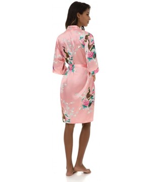 Robes Women's Peacock Print Half Sleeve Silk Kimono Bridesmaid Robe Nightgown - Blush - CK1832CKQA6