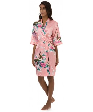 Robes Women's Peacock Print Half Sleeve Silk Kimono Bridesmaid Robe Nightgown - Blush - CK1832CKQA6