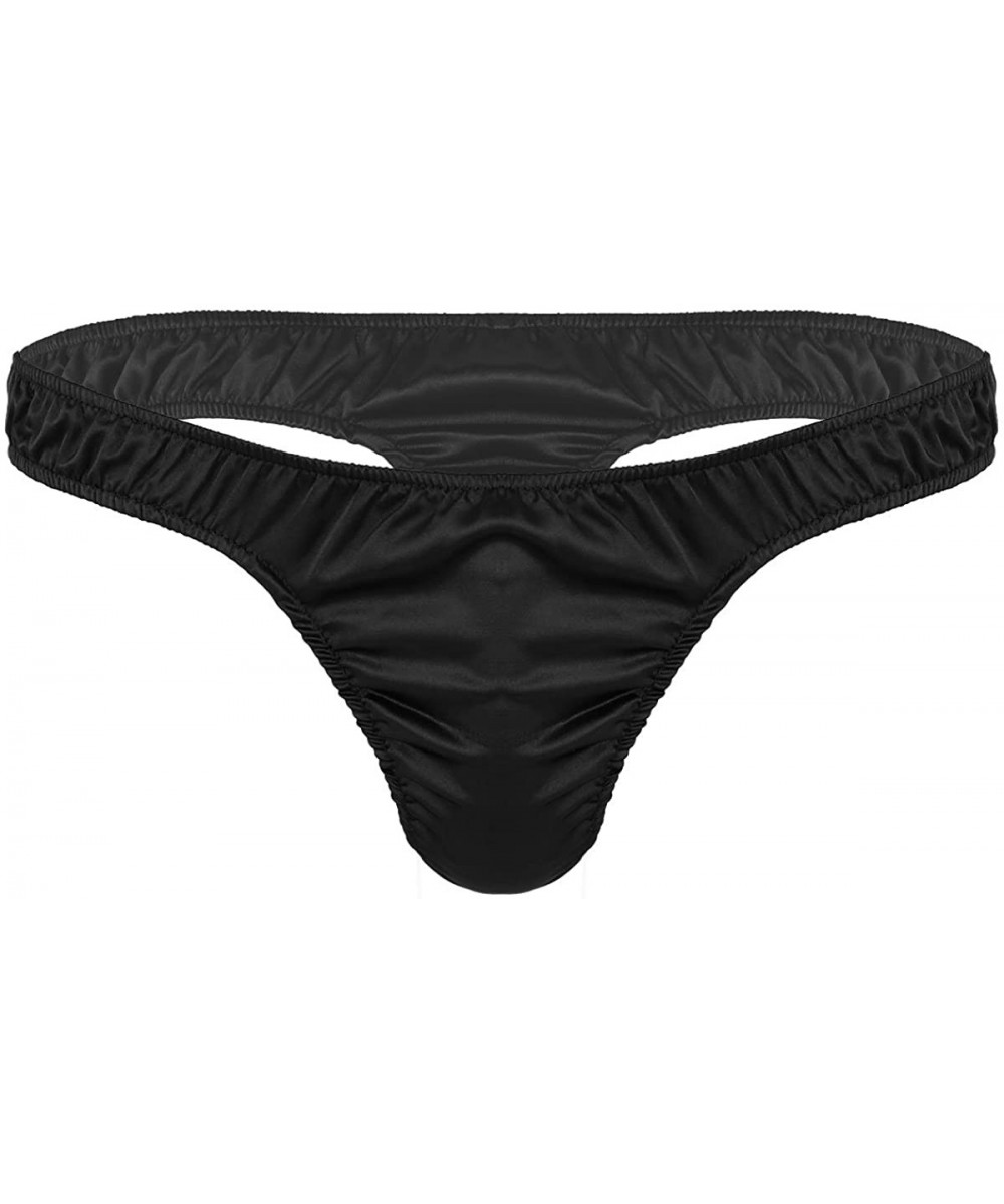 G-Strings & Thongs Men's Shiny Satin Ruffled Low Rise G-String Thong T-Back Sissy Pouch Panties Underwear - Black - CW19D869MIT