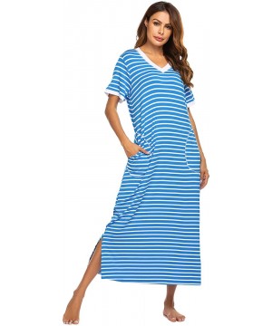 Nightgowns & Sleepshirts Loungewear Long Nightgown Women's Ultra-Soft Nightshirt Full Length Sleepwear with Pocket - Blue Whi...