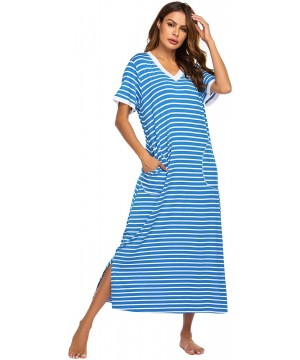 Nightgowns & Sleepshirts Loungewear Long Nightgown Women's Ultra-Soft Nightshirt Full Length Sleepwear with Pocket - Blue Whi...