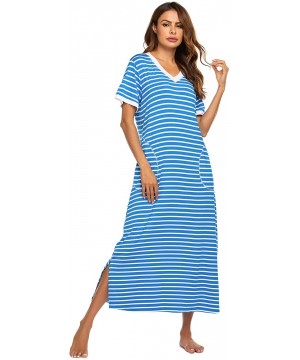 Nightgowns & Sleepshirts Loungewear Long Nightgown Women's Ultra-Soft Nightshirt Full Length Sleepwear with Pocket - Blue Whi...