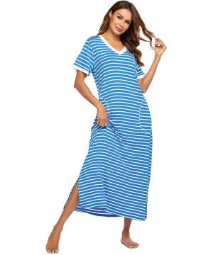 Nightgowns & Sleepshirts Loungewear Long Nightgown Women's Ultra-Soft Nightshirt Full Length Sleepwear with Pocket - Blue Whi...