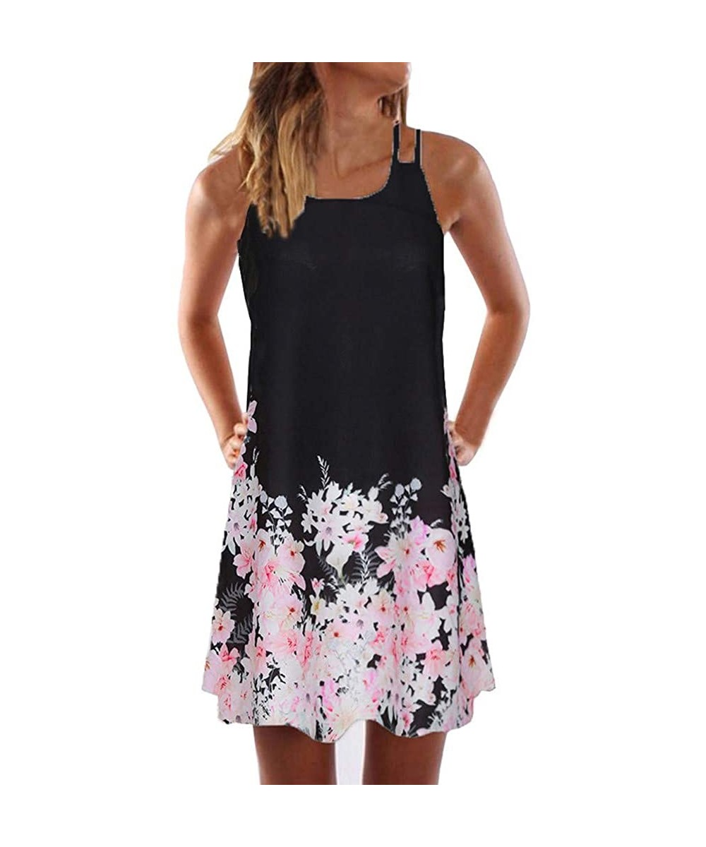 Tops Summer Dresses for Women Beach 3D Butterfly Floral Print Sleeveless Vintage Bohe Tank Short Mini Dress - Ya-black - C019...