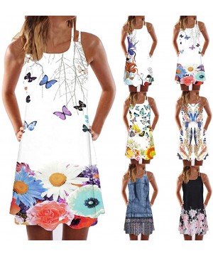 Tops Summer Dresses for Women Beach 3D Butterfly Floral Print Sleeveless Vintage Bohe Tank Short Mini Dress - Ya-black - C019...