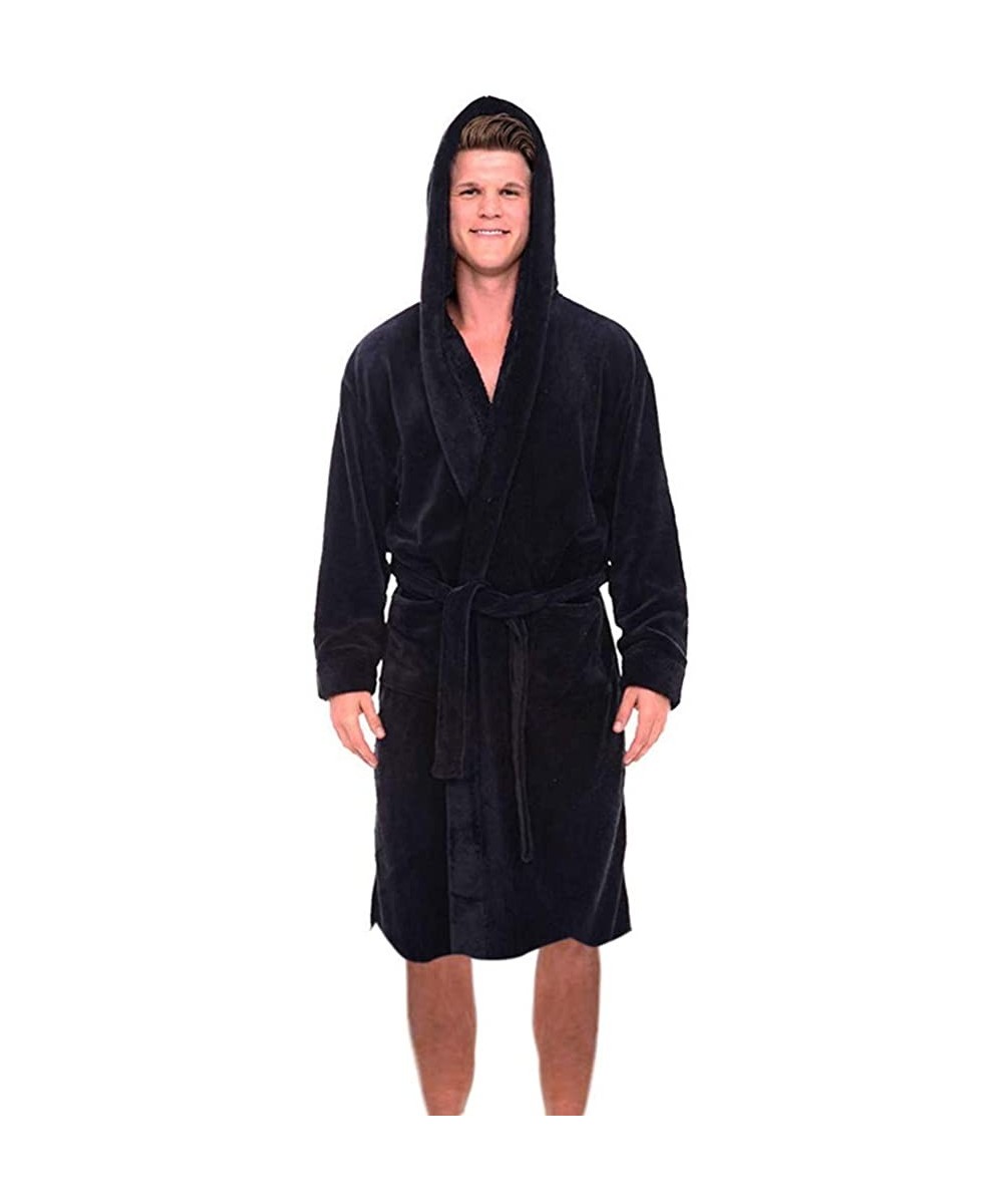 Shapewear Men's Hooded Fleece Plush Soft Shu Velveteen Robe Full Length Long Bathrobe - Black - CN193M3NYQ4