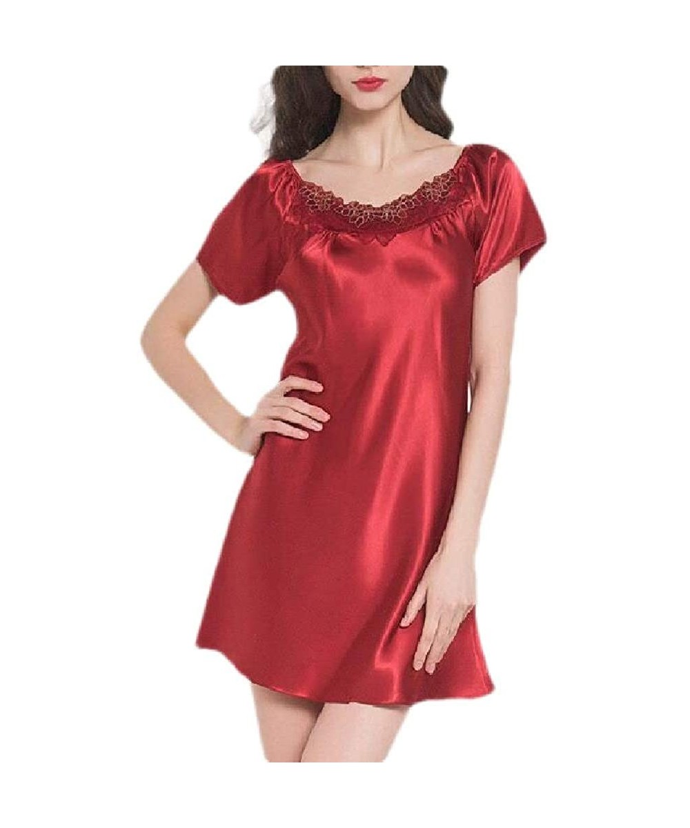 Nightgowns & Sleepshirts Womens Plus Size Loose Fit Lace Satin Short Sleeve Crewneck Nightgown Sleep Dress - Red - C519DO4UH8H