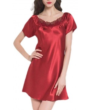 Nightgowns & Sleepshirts Womens Plus Size Loose Fit Lace Satin Short Sleeve Crewneck Nightgown Sleep Dress - Red - C519DO4UH8H