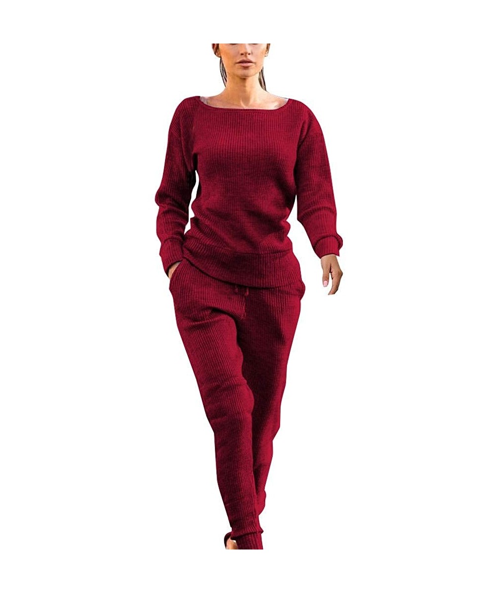 Sets Casual Womens Autumn and Winter Trousers Set Long Sleeve Crop Tops + Pants Suit - Wine - C0192SNHYID