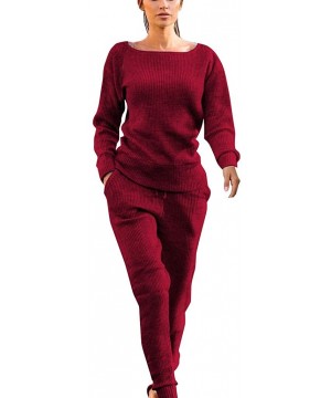 Sets Casual Womens Autumn and Winter Trousers Set Long Sleeve Crop Tops + Pants Suit - Wine - C0192SNHYID