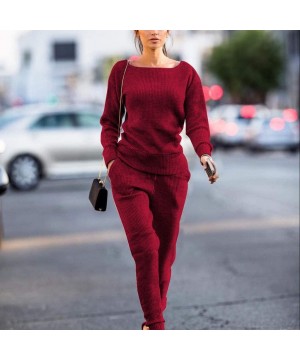 Sets Casual Womens Autumn and Winter Trousers Set Long Sleeve Crop Tops + Pants Suit - Wine - C0192SNHYID