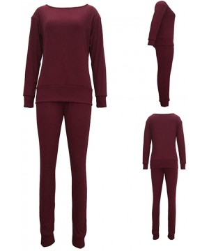 Sets Casual Womens Autumn and Winter Trousers Set Long Sleeve Crop Tops + Pants Suit - Wine - C0192SNHYID